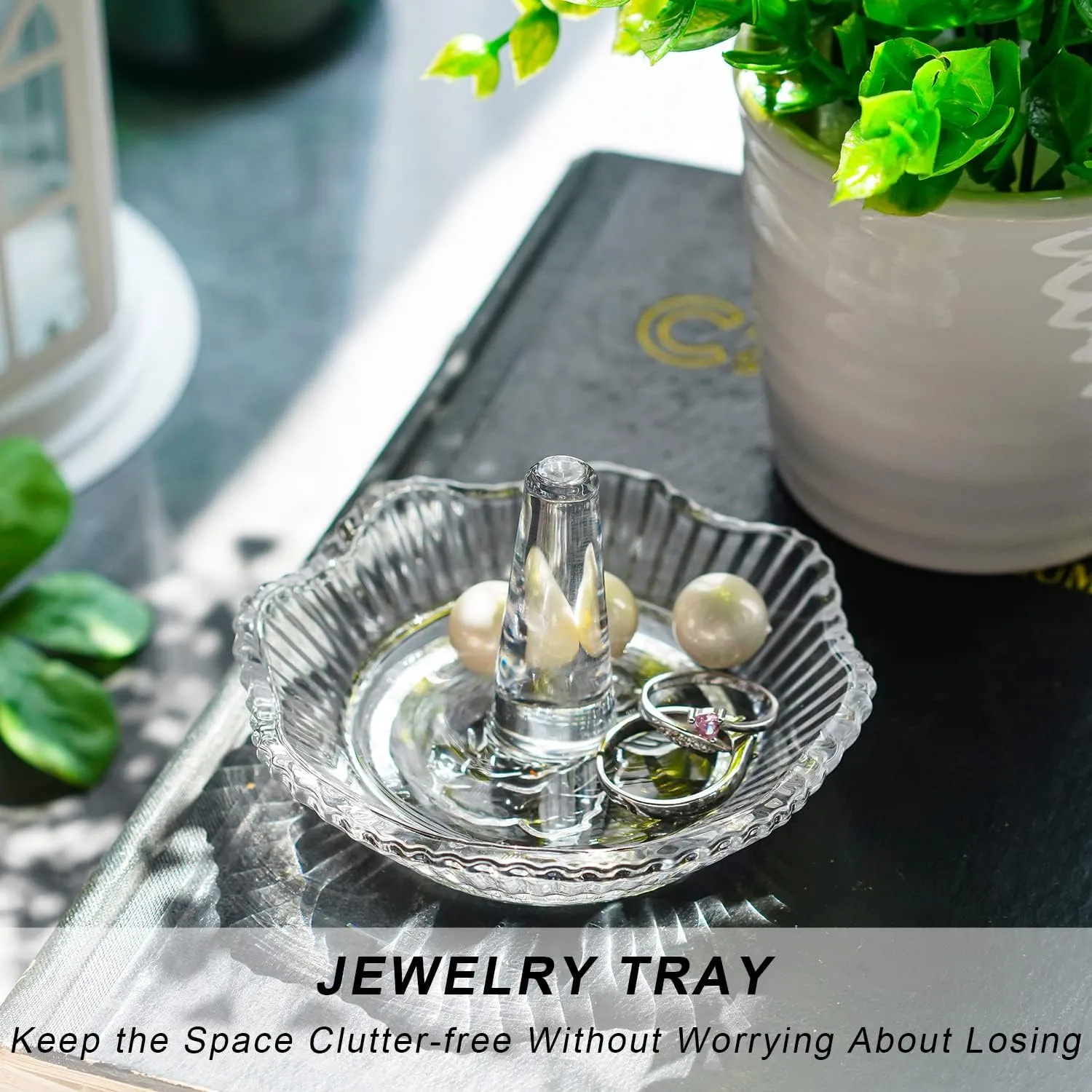 H&D HYALINE & DORA Crystal Scallop Ring Holder for Jewelry,Well-crafted Glass Ring Dish,Jewelry Rack Ring Holder for Wedding,Jewelry Display Decor Gift for Mom Wife Girlfriend(Clear)