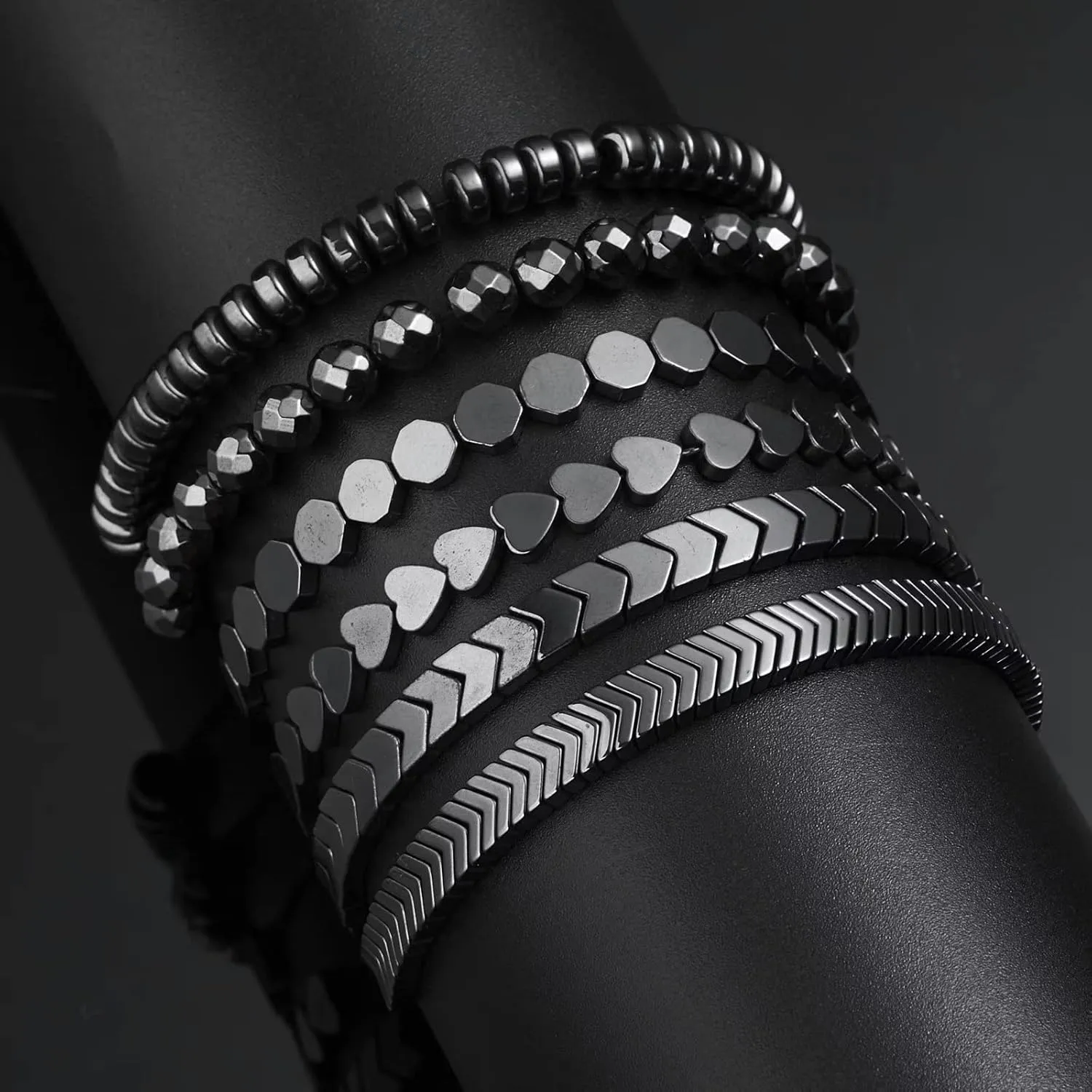 Healing Hematite Black Matte Beads Stretch Bracelet Geometric Love Heart Round Bead Yoga Chakra Meditation Relax Anxiety Adjustable Bracelets Jewelry Gift for Women Men
