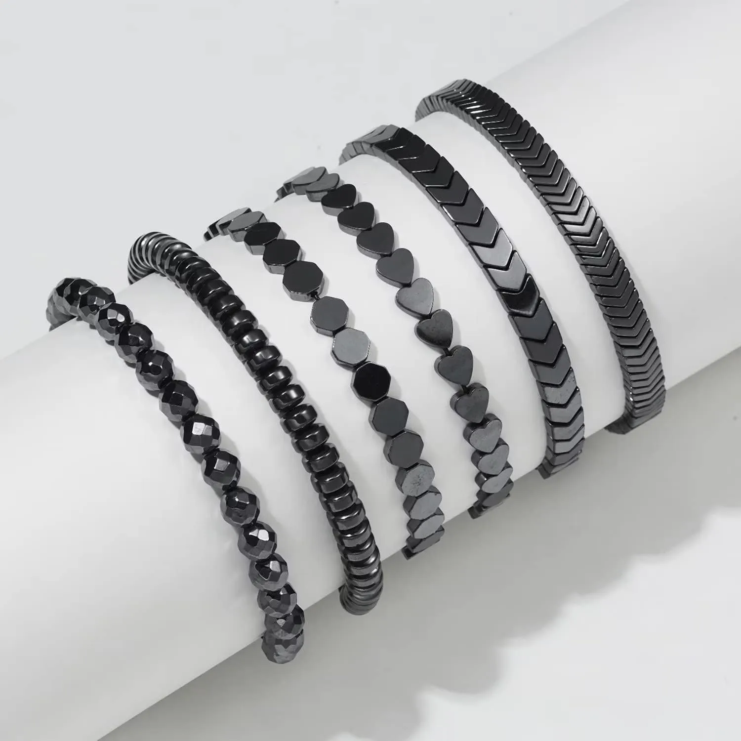 Healing Hematite Black Matte Beads Stretch Bracelet Geometric Love Heart Round Bead Yoga Chakra Meditation Relax Anxiety Adjustable Bracelets Jewelry Gift for Women Men