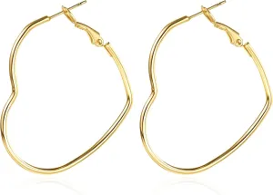 Heart Earrings for Women, 14K Plated Gold/Silver Big Small Stainless Steel Hoops Earrings, Fashion Hypoallergenic Lightweight Heart Shape Jewelry 30/40/50/60mm