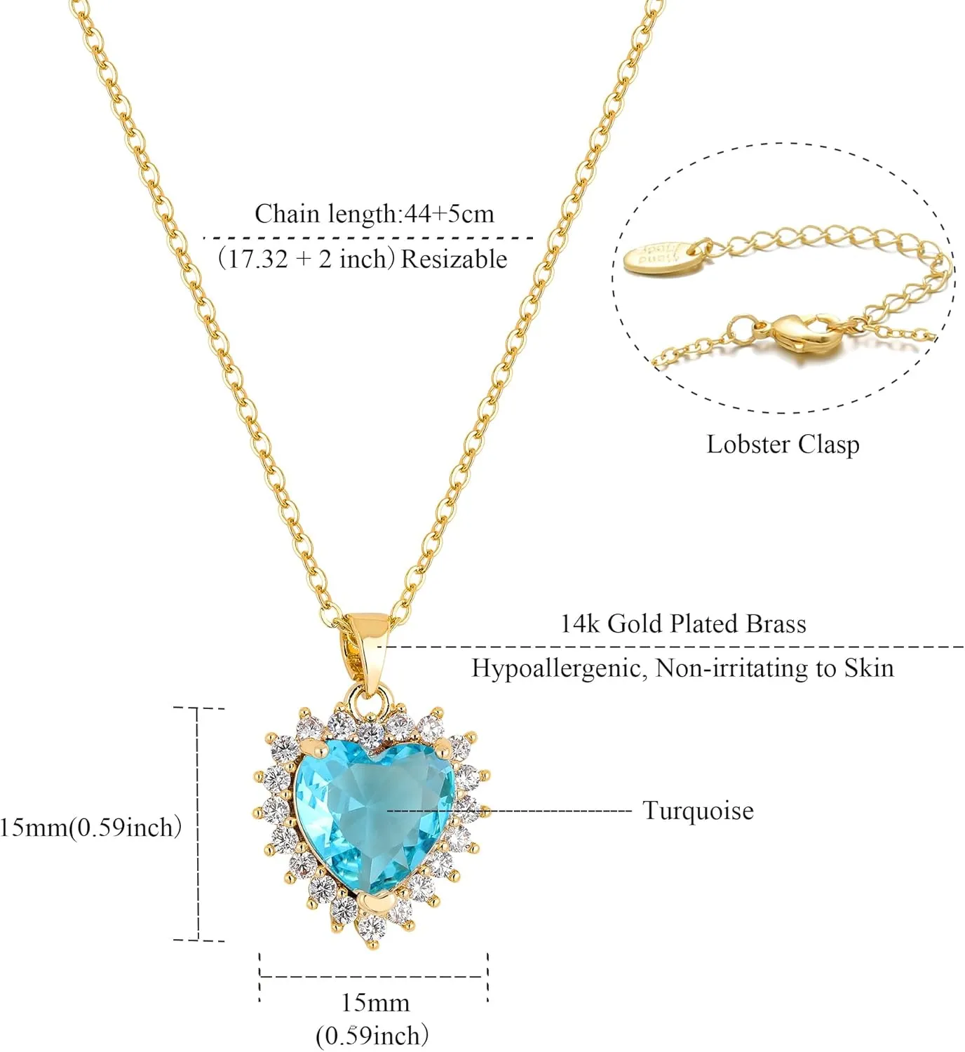 Heart Necklace, 14K Gold Plated Birthstone Necklace Simple Cubic Zirconia Pendant Necklace for Women Jewelry Gifts
