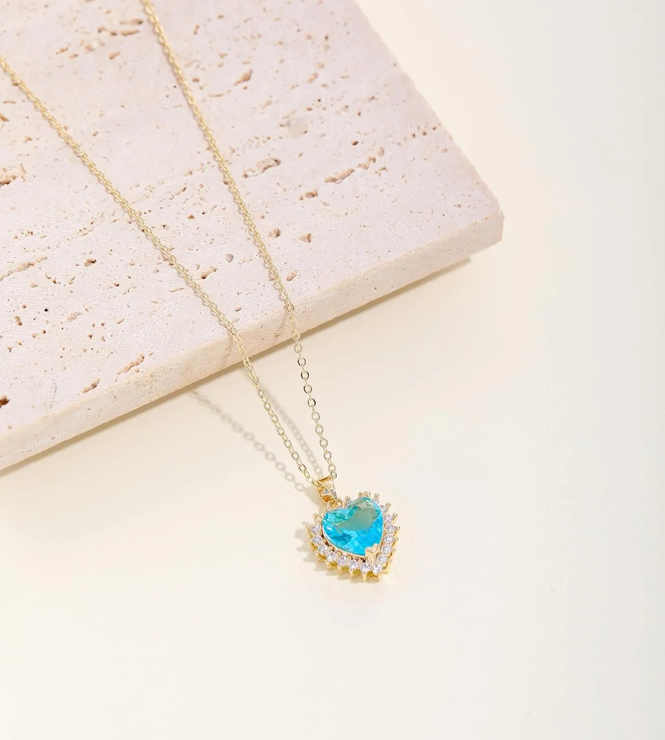 Heart Necklace, 14K Gold Plated Birthstone Necklace Simple Cubic Zirconia Pendant Necklace for Women Jewelry Gifts