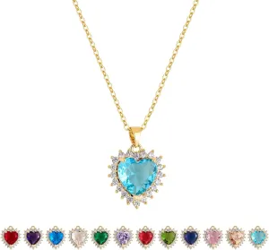 Heart Necklace, 14K Gold Plated Birthstone Necklace Simple Cubic Zirconia Pendant Necklace for Women Jewelry Gifts