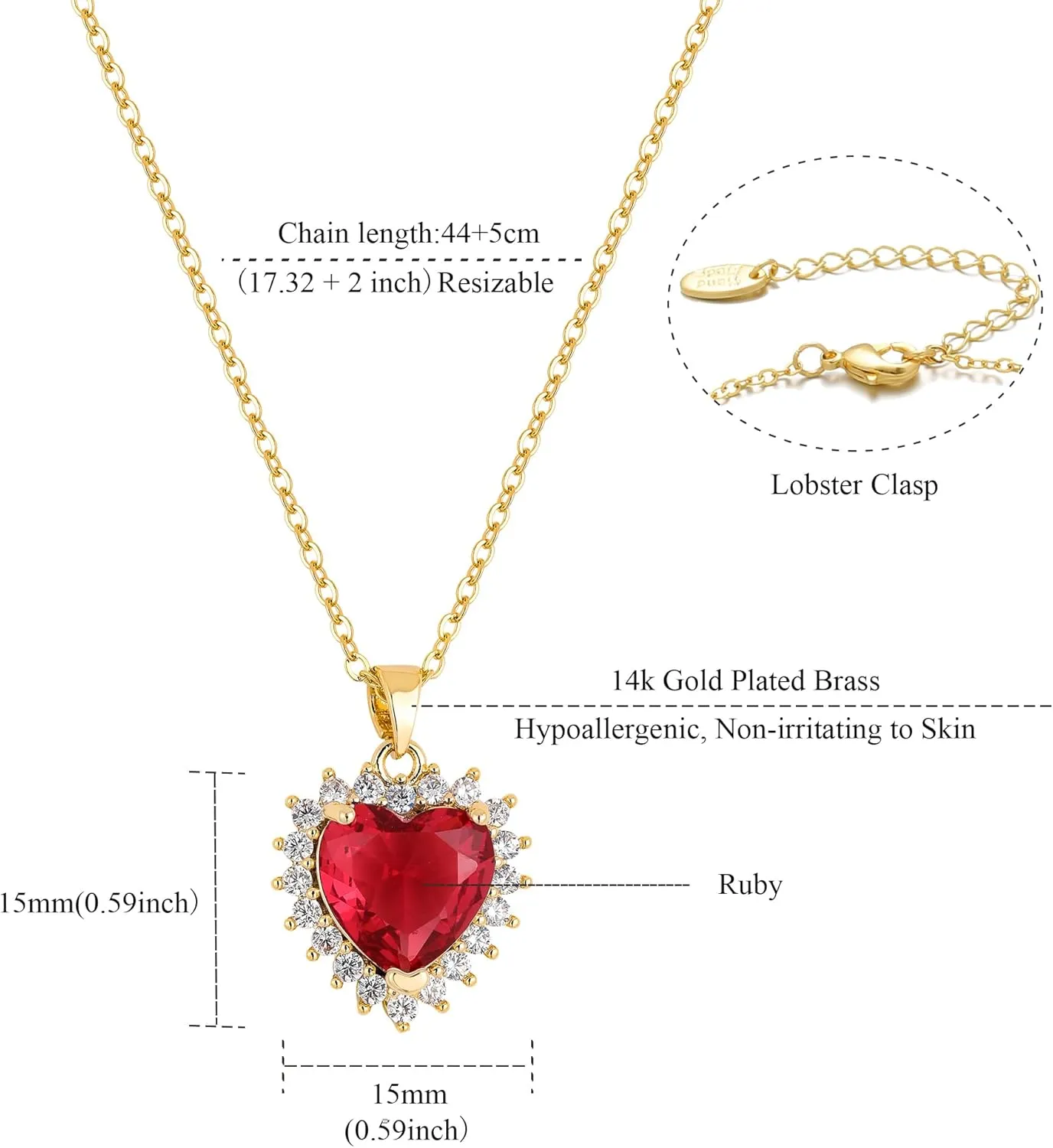 Heart Necklace, 14K Gold Plated Birthstone Necklace Simple Cubic Zirconia Pendant Necklace for Women Jewelry Gifts