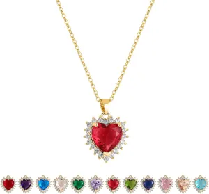 Heart Necklace, 14K Gold Plated Birthstone Necklace Simple Cubic Zirconia Pendant Necklace for Women Jewelry Gifts
