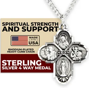 Heartland Sterling Silver 4 Way Cross Pendant for Men- Handcrafted in USA, Tarnish Resistant, Meaningful Catholic Necklace with Sacred Heart, St. Christopher, St. Joseph & Miraculous Medal 24-Inch