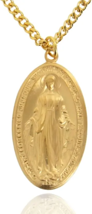 Heartland Sterling Silver & 16k Yellow Gold Plated Oval Miraculous Medal Necklace for Men- Catholic Virgin Mary Pendant-Tarnish Resistant- Meaningful Religious Present 24-Inch Curb Chain- Made in USA