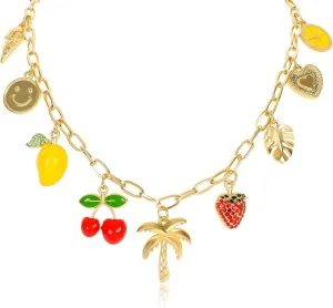 HETICA Gold Fruit Hawaiian Style Charm Necklace with Cute Pendant Mango Cherry Coconut Tree Strawberry Heart Pendant Necklace, Trendy Y2K Summer Jewelry