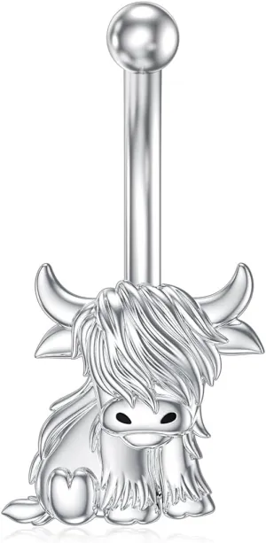 Highland Cow Belly Button Rings Stud 925 Sterling Silver Belly Piercing Jewelry Hypoallergenic Navel Rings Gifts for Women