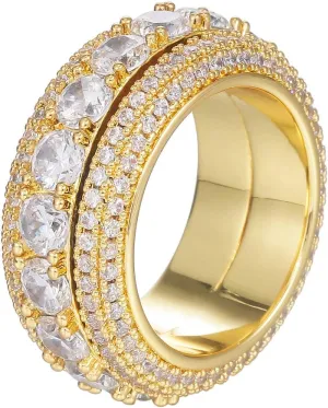 Hip Hop 18K Golden Plated Iced Out CZ Rotatable Tennis Ring Simulated Diamond Eternity Engagement Wedding Band for Men and Women (18k,9)
