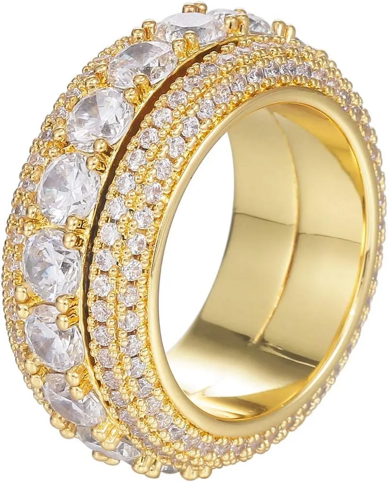 Hip Hop 18K Golden Plated Iced Out CZ Rotatable Tennis Ring Simulated Diamond Eternity Engagement Wedding Band for Men and Women (18k,9)