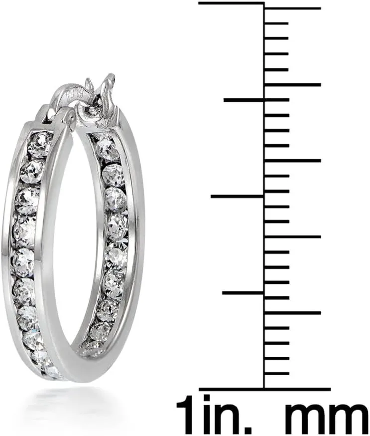 Hoops & Loops 925 Sterling Silver Cubic Zirconia Channel Set Inside-Out Click-Top Hoop Earrings for Women Teen Girls, Silver, Gold, Rose, Black 15mm, 20mm, 25mm