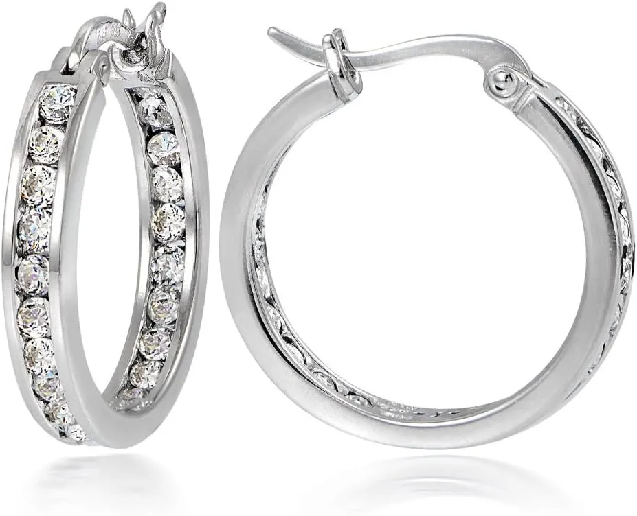 Hoops & Loops 925 Sterling Silver Cubic Zirconia Channel Set Inside-Out Click-Top Hoop Earrings for Women Teen Girls, Silver, Gold, Rose, Black 15mm, 20mm, 25mm