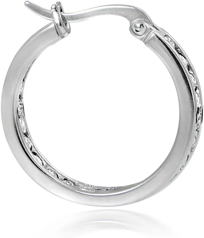 Hoops & Loops 925 Sterling Silver Cubic Zirconia Channel Set Inside-Out Click-Top Hoop Earrings for Women Teen Girls, Silver, Gold, Rose, Black 15mm, 20mm, 25mm
