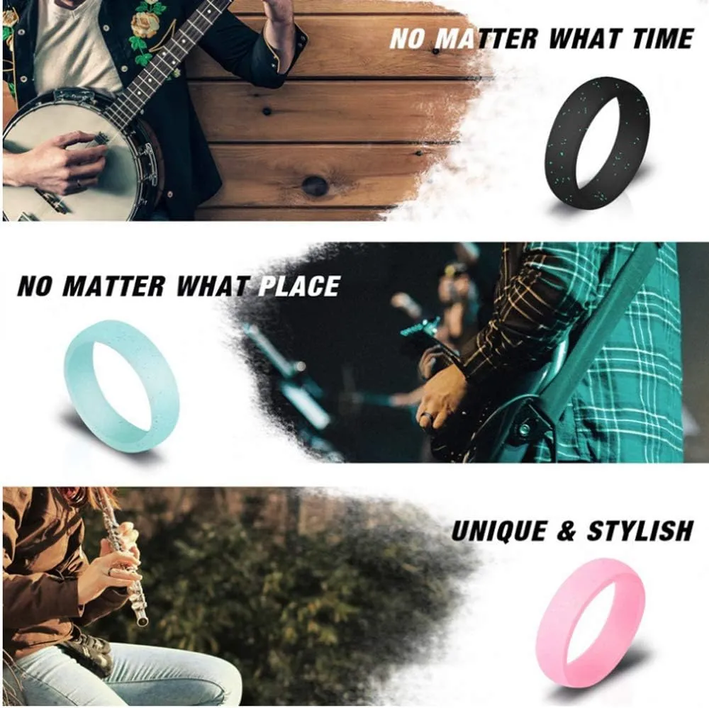 HSQYJ 4 Pack Silicone Wedding Rings for Women Men Comfortable Rubber Band Waterproof Rings for Sport Comfortable fit Skin Safe Glitters Black Blue Pink 5.7MM Width