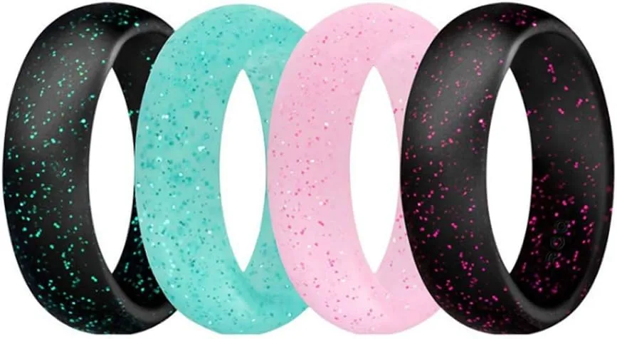 HSQYJ 4 Pack Silicone Wedding Rings for Women Men Comfortable Rubber Band Waterproof Rings for Sport Comfortable fit Skin Safe Glitters Black Blue Pink 5.7MM Width