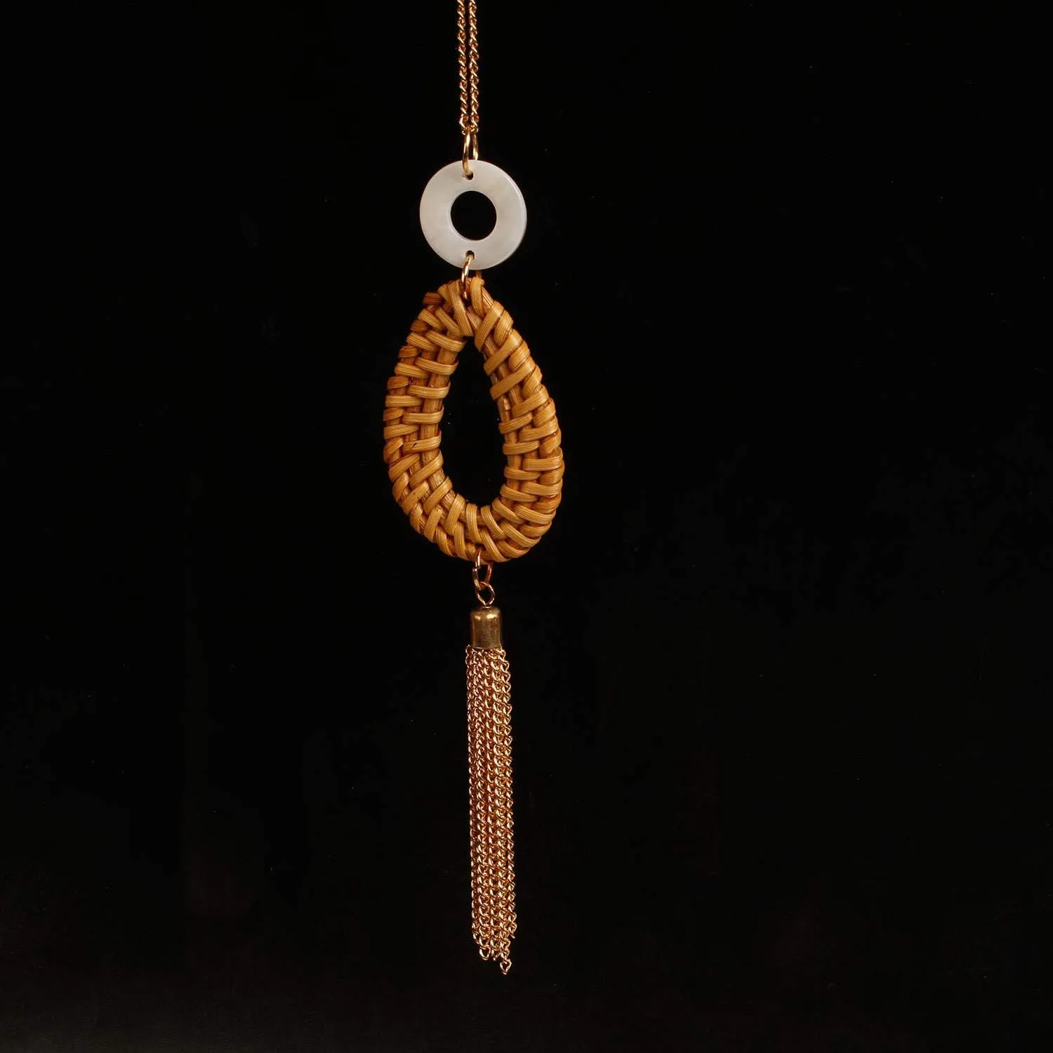 HUNO Handmade Straw Wicker Braid Statement Tassel Pendant Necklace Y-Shaped Long Chain Rattan Knit Bamboo Necklace for Women