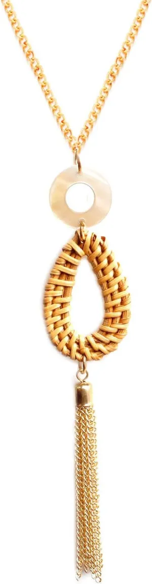 HUNO Handmade Straw Wicker Braid Statement Tassel Pendant Necklace Y-Shaped Long Chain Rattan Knit Bamboo Necklace for Women