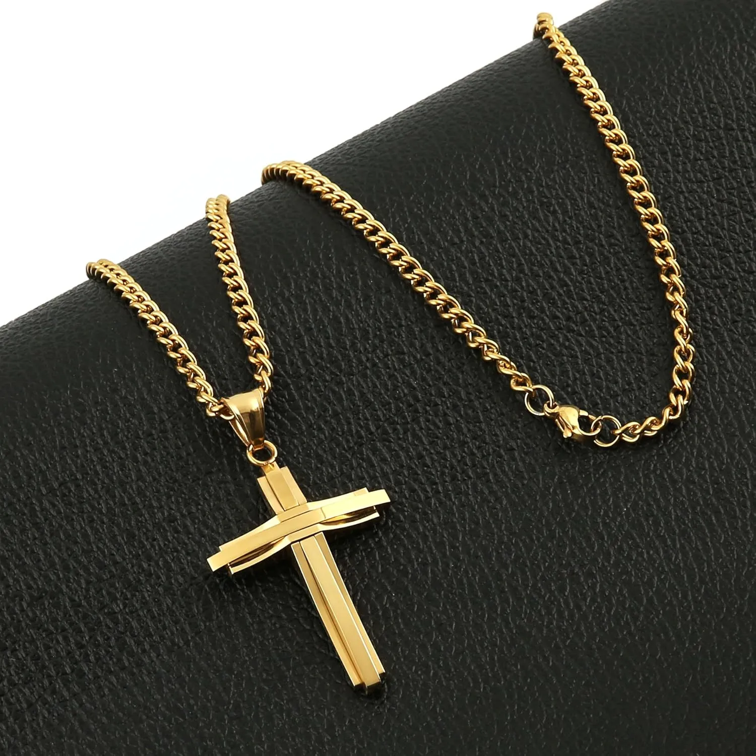 HZMAN Mens Polished Stainless Steel Silver Cross Pendant Necklace 22 2 Inches Chain