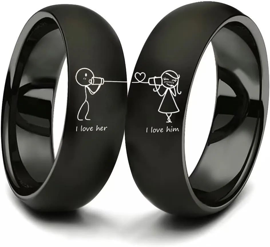 I Love Her and I Love Him Stainless Steel Black Couples Ring,Girlfriend Boyfriend Gifts for Anniversary Valentines Day Wedding,Romantic Gifts Band