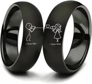 I Love Her and I Love Him Stainless Steel Black Couples Ring,Girlfriend Boyfriend Gifts for Anniversary Valentines Day Wedding,Romantic Gifts Band