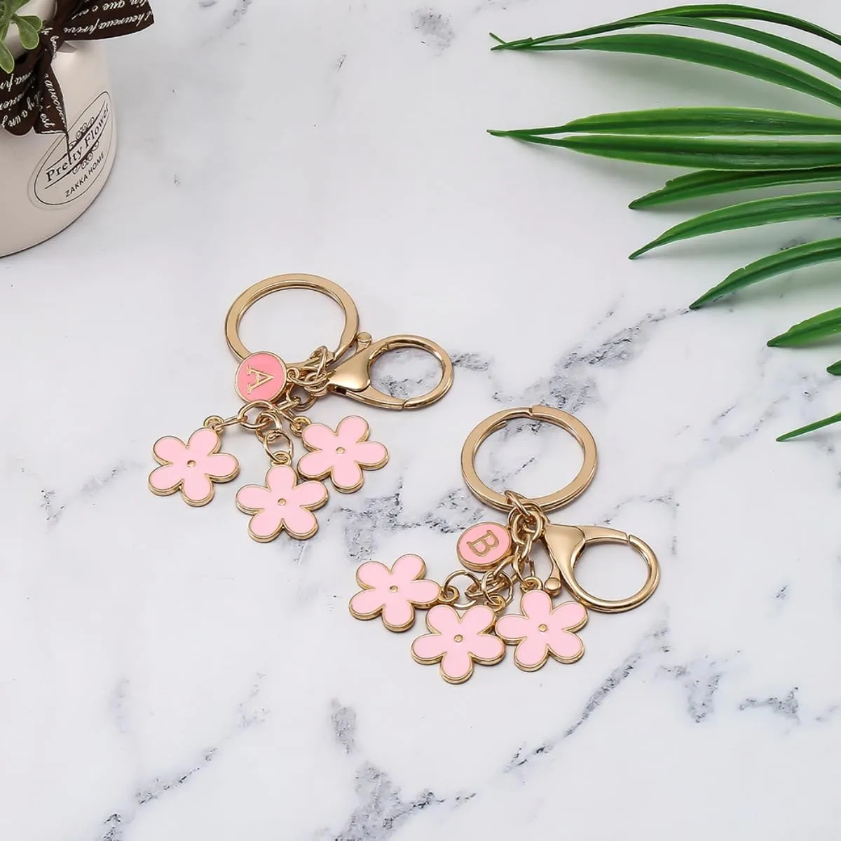 IKANOO Pink Flower Initial Letter Keychain Flower Bag Charms Enameled Keyring For Women Girls Purse Bag Accessories Jewellery