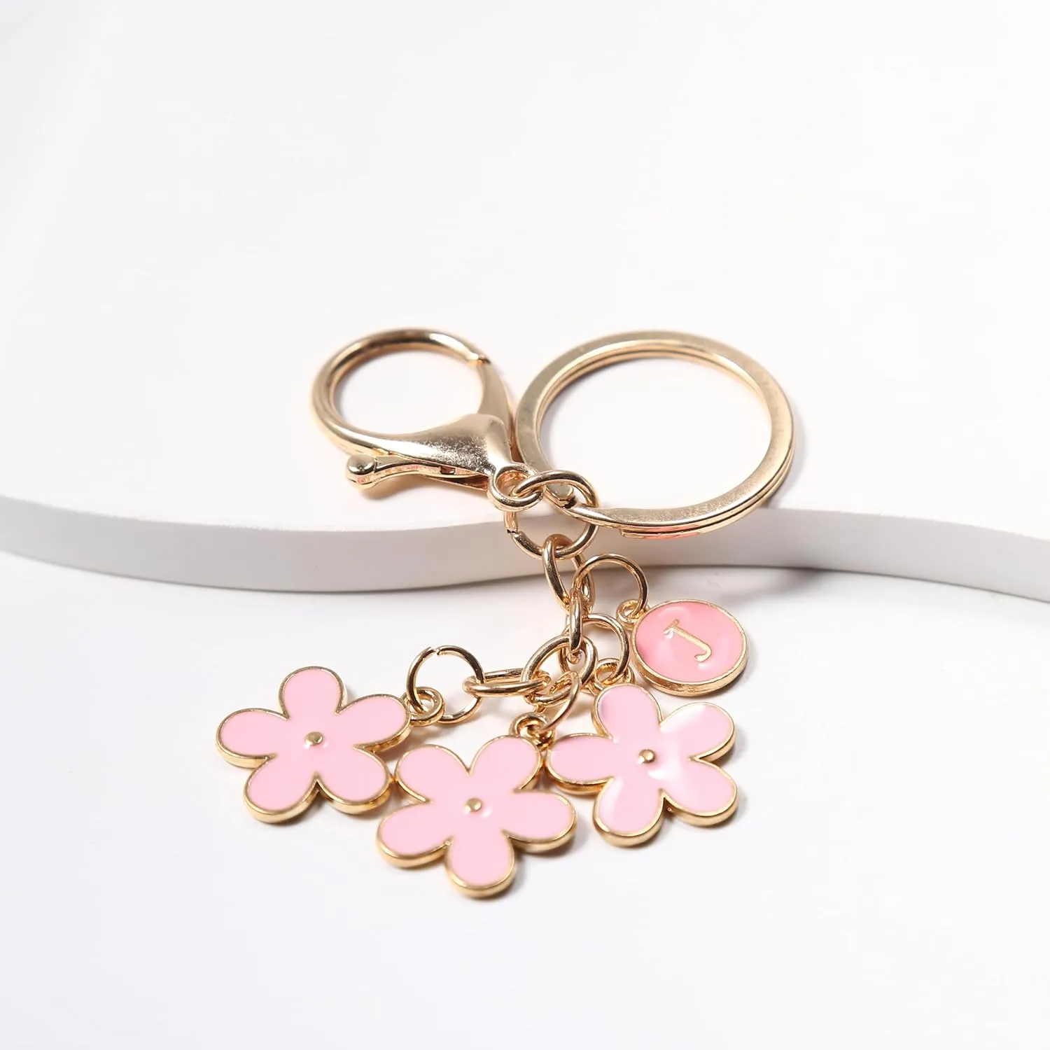 IKANOO Pink Flower Initial Letter Keychain Flower Bag Charms Enameled Keyring For Women Girls Purse Bag Accessories Jewellery