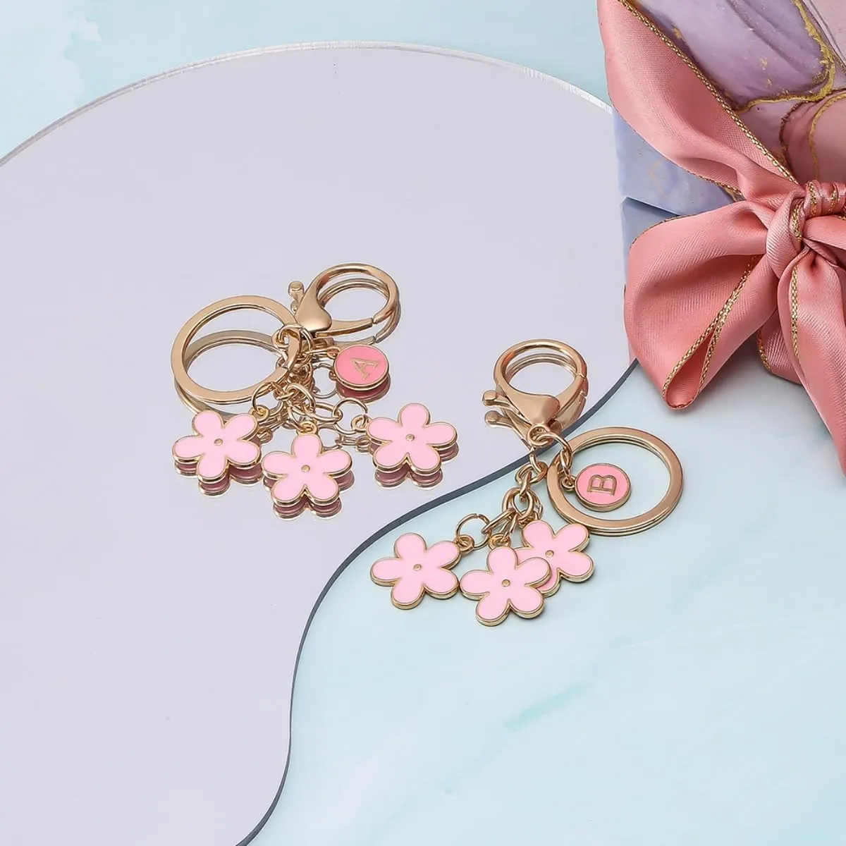IKANOO Pink Flower Initial Letter Keychain Flower Bag Charms Enameled Keyring For Women Girls Purse Bag Accessories Jewellery