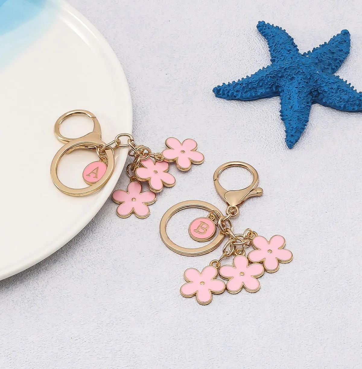 IKANOO Pink Flower Initial Letter Keychain Flower Bag Charms Enameled Keyring For Women Girls Purse Bag Accessories Jewellery