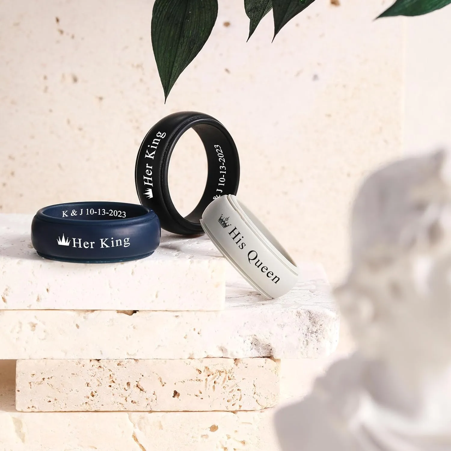 INBLUE Personalized Matching Silicone Rings for Couples His and Hers Wedding Ring Sets Custom Engraved Text/Symbol Wedding Band Promise Rings Gift for Husband Wife