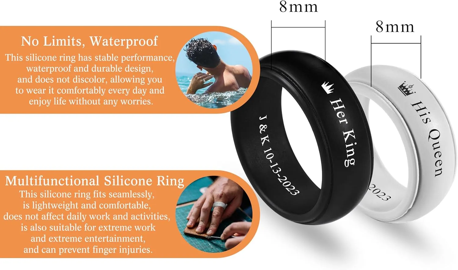 INBLUE Personalized Matching Silicone Rings for Couples His and Hers Wedding Ring Sets Custom Engraved Text/Symbol Wedding Band Promise Rings Gift for Husband Wife