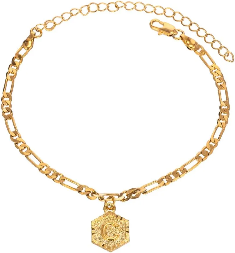 Initial Ankle Bracelets for Women Men, 18K Gold Silver Figaro Cuban Link Anklet Bracelet for Women Teen Girls, Custom Name Gold Anklet with Initials