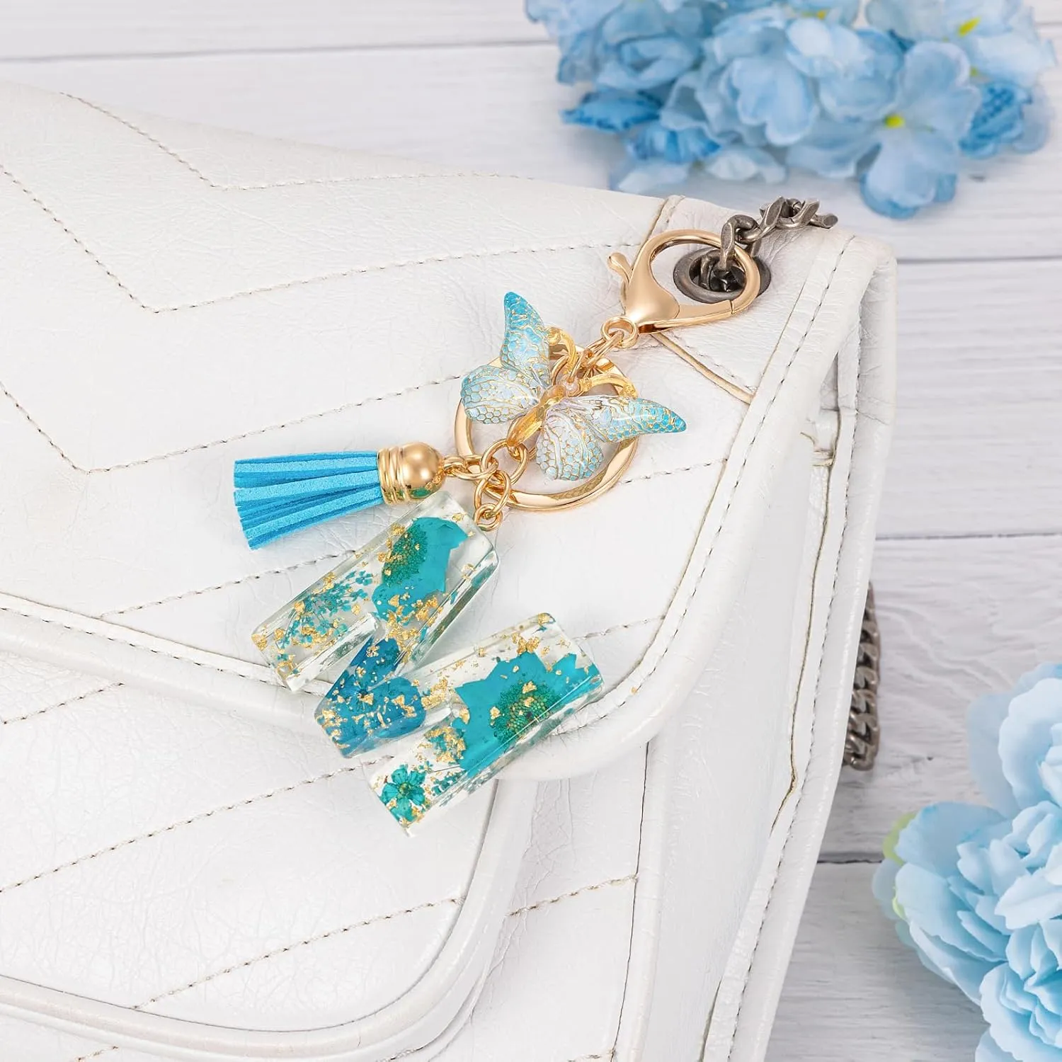 Initial Letter Keychain Resin Alphabet Keyrings,Blue Petals Gold Foil Key Ring Charm,Cute Car Key Chain
