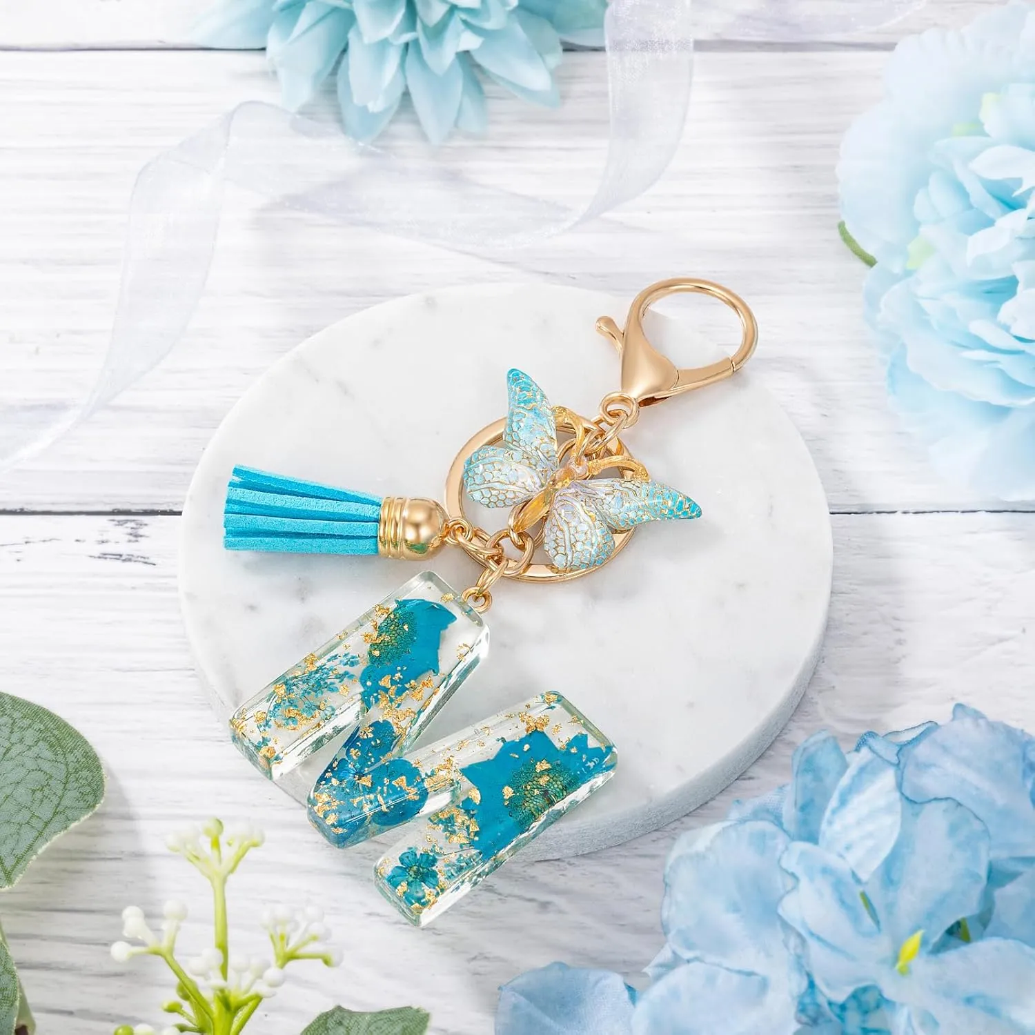 Initial Letter Keychain Resin Alphabet Keyrings,Blue Petals Gold Foil Key Ring Charm,Cute Car Key Chain