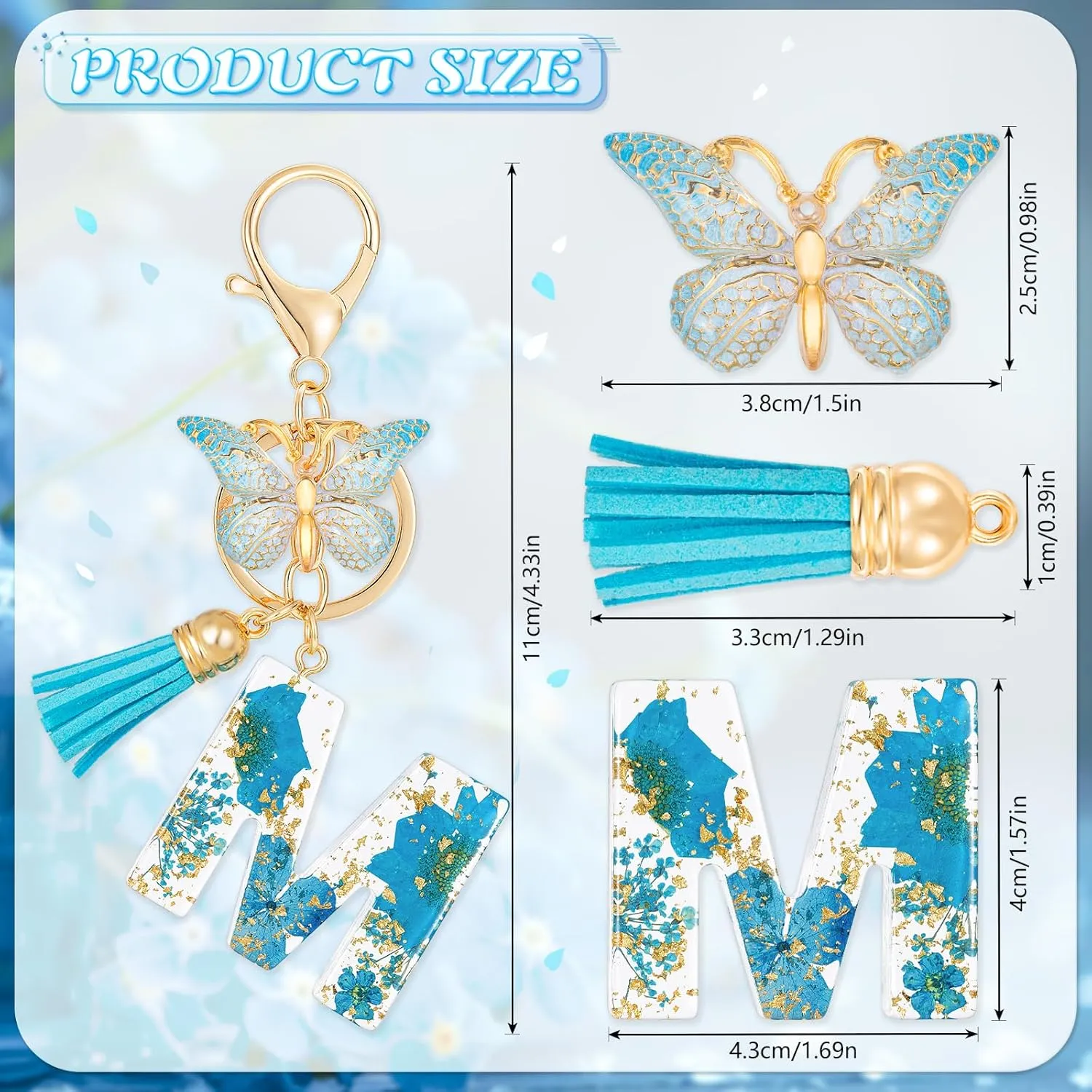 Initial Letter Keychain Resin Alphabet Keyrings,Blue Petals Gold Foil Key Ring Charm,Cute Car Key Chain