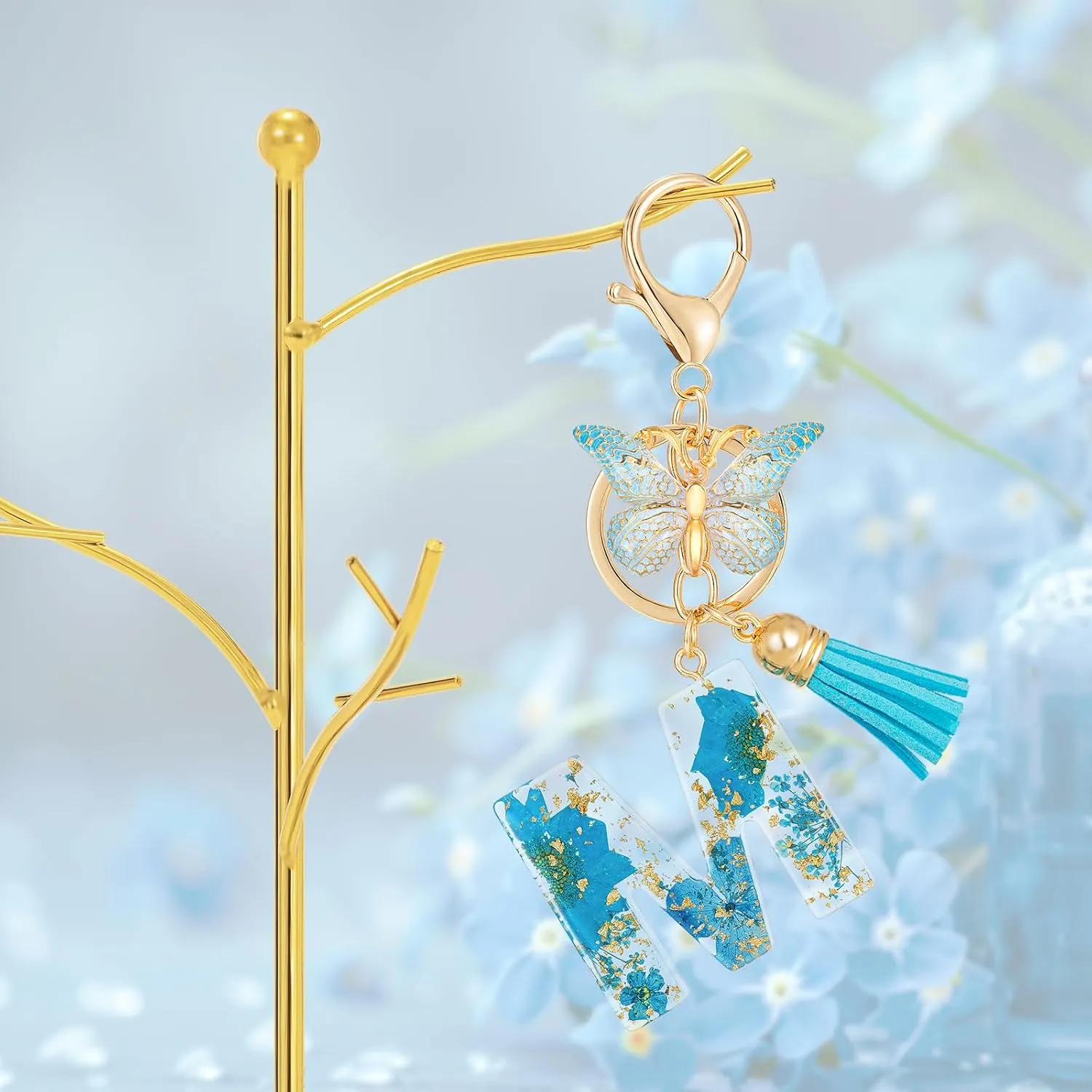 Initial Letter Keychain Resin Alphabet Keyrings,Blue Petals Gold Foil Key Ring Charm,Cute Car Key Chain