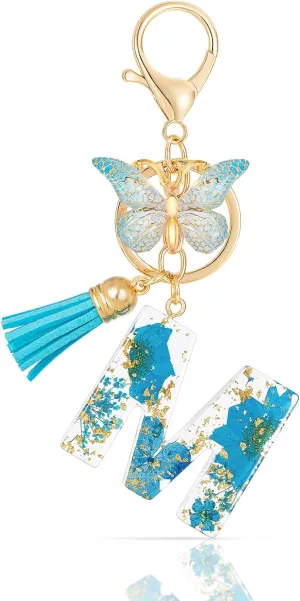 Initial Letter Keychain Resin Alphabet Keyrings,Blue Petals Gold Foil Key Ring Charm,Cute Car Key Chain