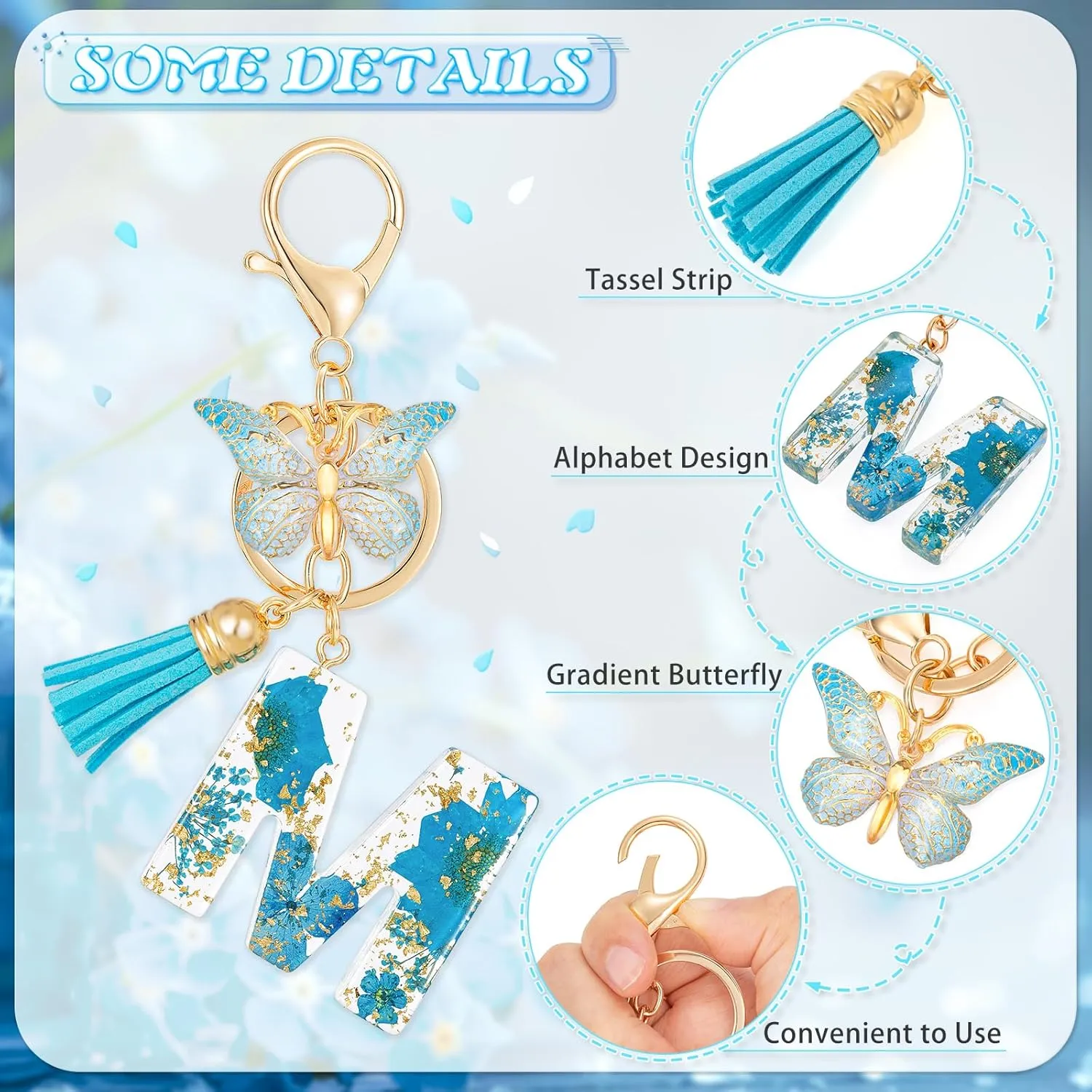 Initial Letter Keychain Resin Alphabet Keyrings,Blue Petals Gold Foil Key Ring Charm,Cute Car Key Chain