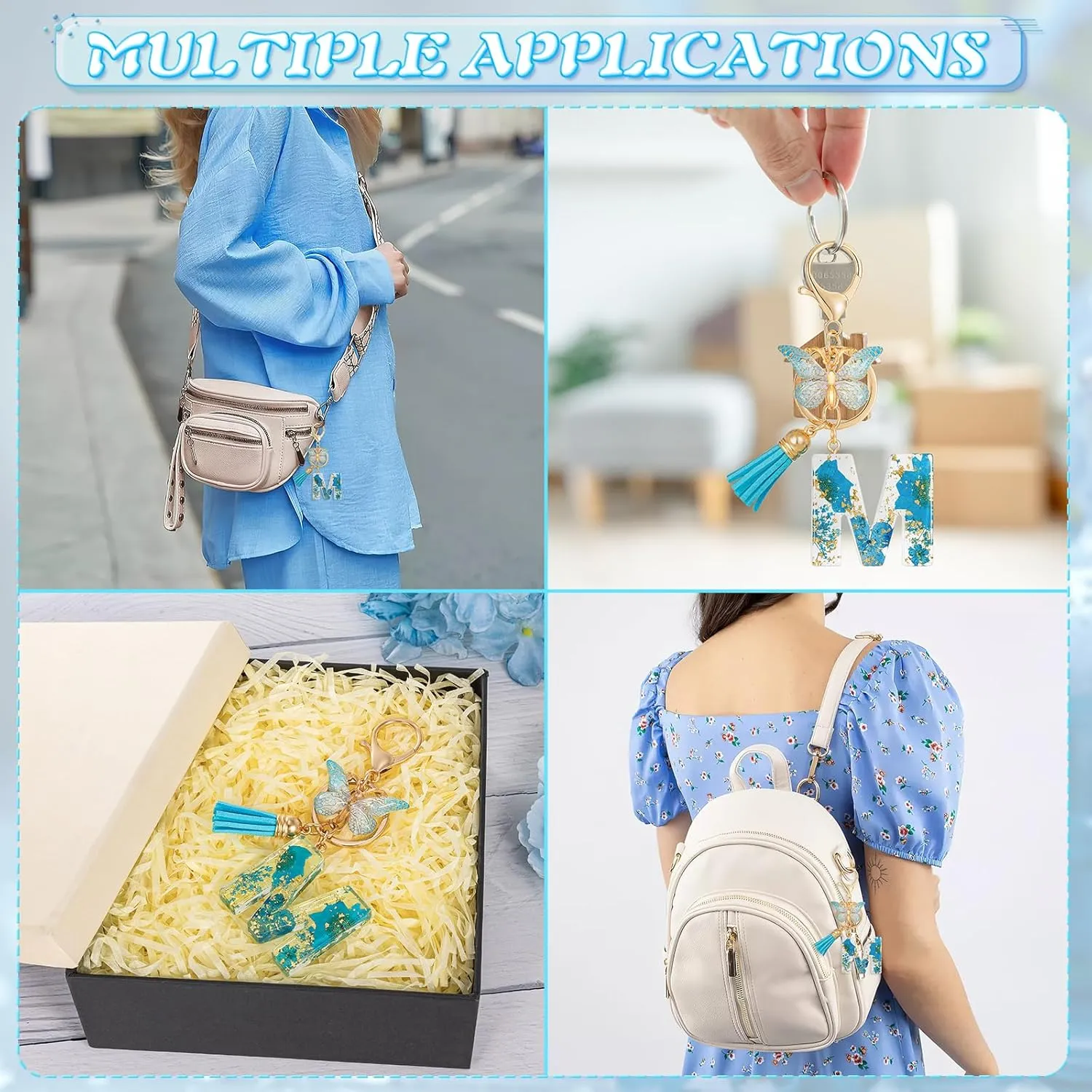 Initial Letter Keychain Resin Alphabet Keyrings,Blue Petals Gold Foil Key Ring Charm,Cute Car Key Chain
