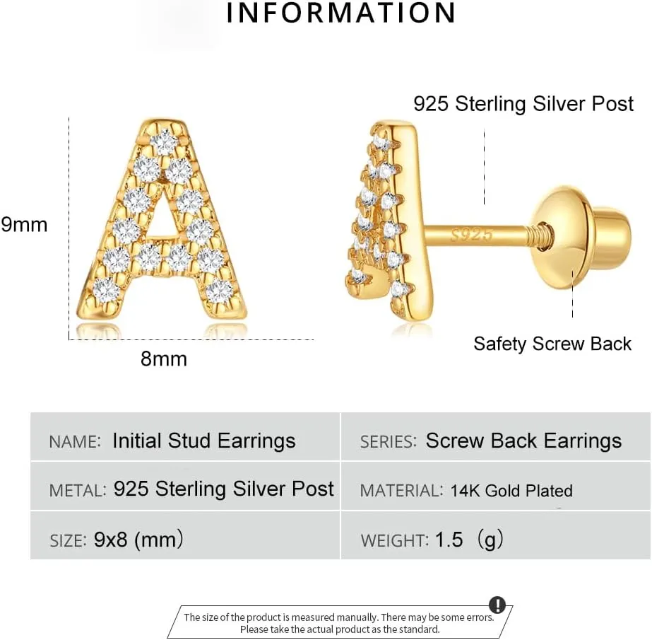 Initial Stud Earrings for girls, Sterling Silver Post Screw Backs Earrings 14K Gold Plated CZ Simulated Diamond Hypoallergenic Alphabet Letter Initial Earrings for Women Girls Jewelry Gifts
