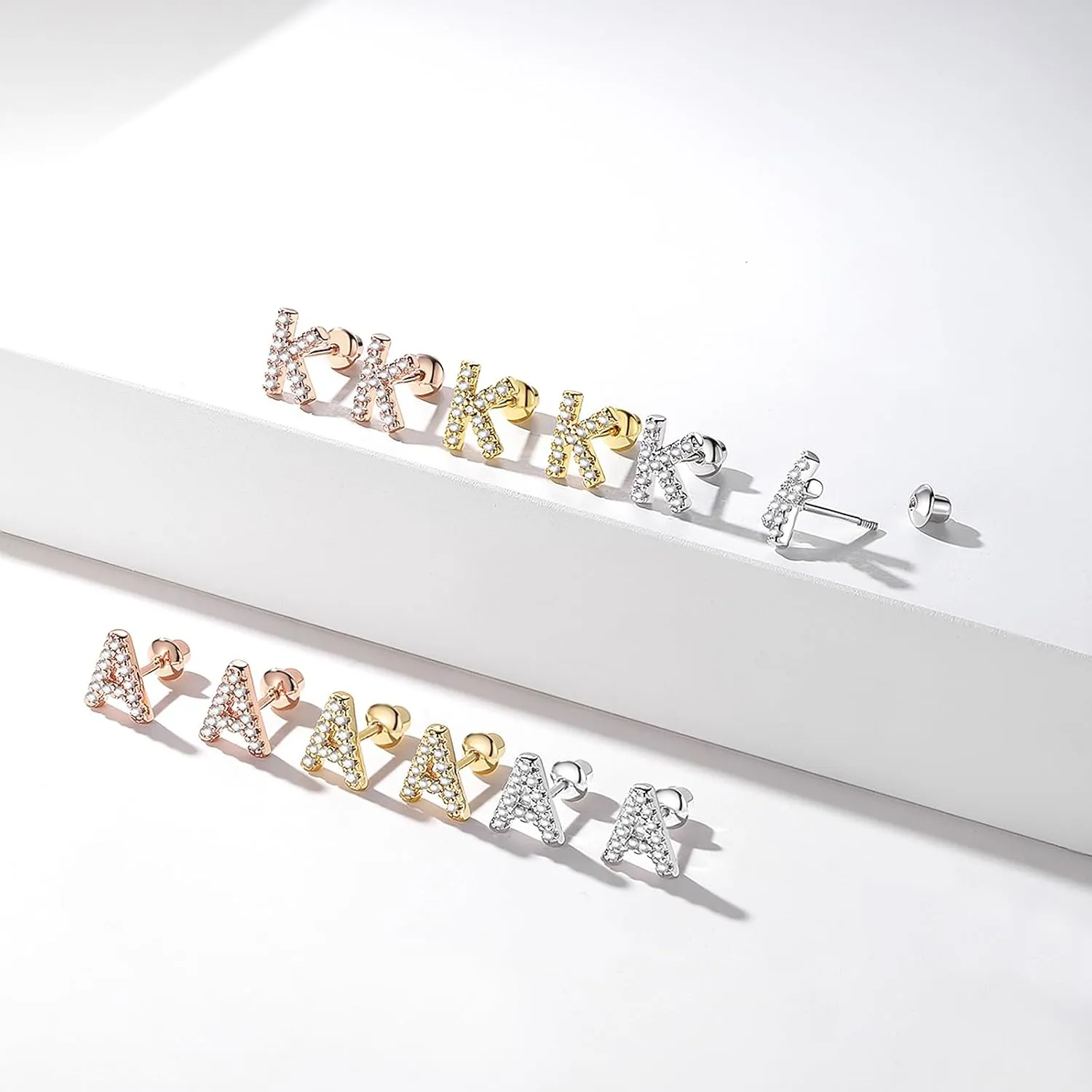 Initial Stud Earrings for girls, Sterling Silver Post Screw Backs Earrings 14K Gold Plated CZ Simulated Diamond Hypoallergenic Alphabet Letter Initial Earrings for Women Girls Jewelry Gifts