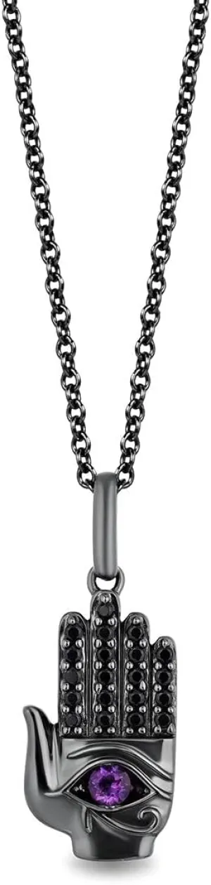 Jewelili Enchanted Disney Fine Jewelry Black Rhodium over Sterling Silver 2.5 MM Round Amethyst and 1/6 Cttw Treated Black Round Diamond Dr. Facilier Hand Pendant Necklace, 18" Cable Chain