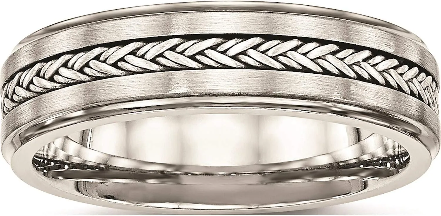 Jewelry By Sweet Pea Stainless Steel Polished & Brushed with Silver Braid Inlay Ring (Width=6.1)