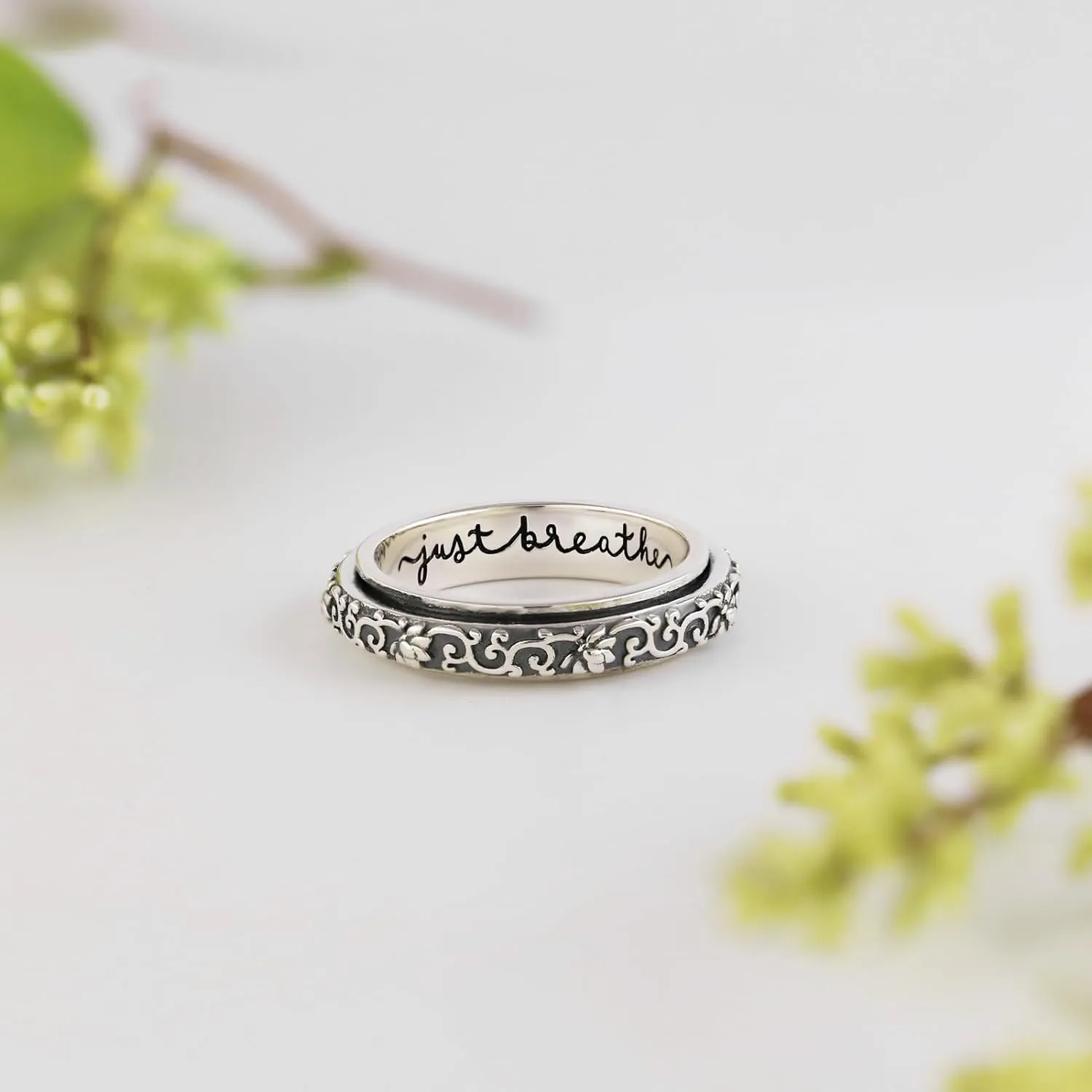 Just Breathe Anxiety Ring for Women Men - 925 Sterling Silver Spinner Fidget Rings Stress Relieving Rings Jewelry Gift