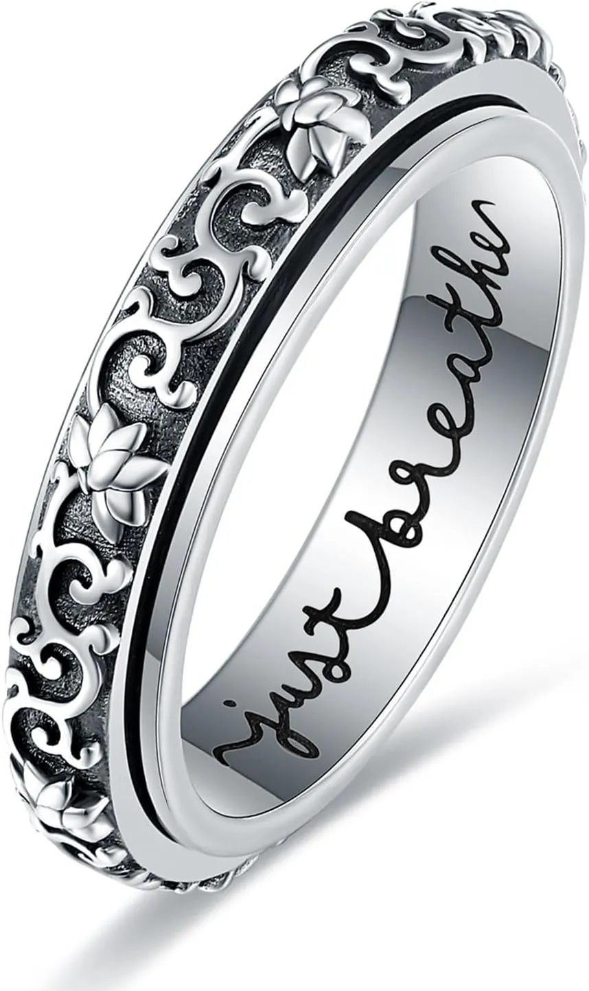 Just Breathe Anxiety Ring for Women Men - 925 Sterling Silver Spinner Fidget Rings Stress Relieving Rings Jewelry Gift