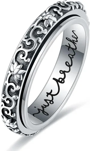 Just Breathe Anxiety Ring for Women Men - 925 Sterling Silver Spinner Fidget Rings Stress Relieving Rings Jewelry Gift