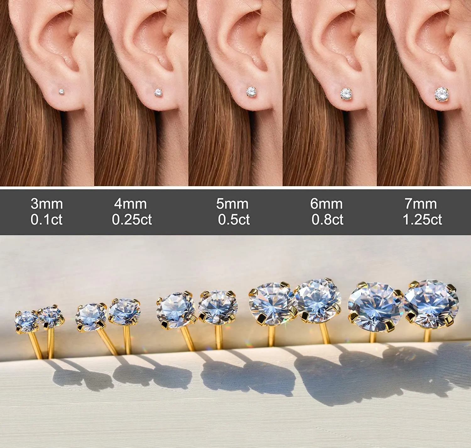 Kainier 5 Pairs CZ Stud Earrings Set 316L Stainless Steel Earrings Cubic Zirconia Ear Stud for Women Simulated Diamond Hypoallergenic 3-7mm