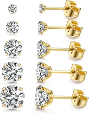 Kainier 5 Pairs CZ Stud Earrings Set 316L Stainless Steel Earrings Cubic Zirconia Ear Stud for Women Simulated Diamond Hypoallergenic 3-7mm