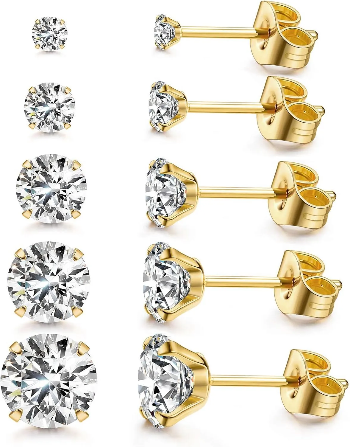 Kainier 5 Pairs CZ Stud Earrings Set 316L Stainless Steel Earrings Cubic Zirconia Ear Stud for Women Simulated Diamond Hypoallergenic 3-7mm