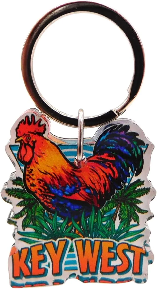 Key West Rooster Keychain Acrylic Fob and Metal Ring Souvenir with Legend Card Souvenir of the Florida Keys, Made in the USA